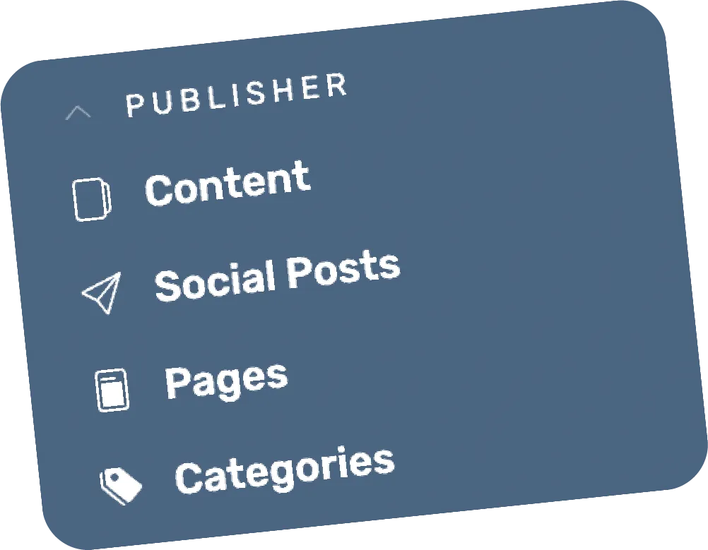 Publisher menu card with Content, Social Posts, Pages and Categories